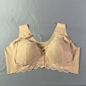 Womens Bralette Bra 8L Beige Floral Lace Overlay Seamless Wireless Scalloped Hem